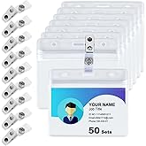 50 Sets ID Badge Holders with Metal Clips Clear Horizontal Badge Holder and Metal Badge Clip ID Card Name Tag Holder with Clip Waterproof Name Badge Holders with Clips