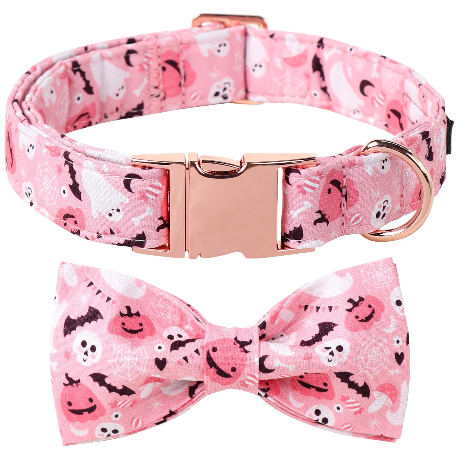 Lionet Paws Fall Pink Dog Collar, Cute Halloween Dog Collar for Large Dogs, Adjustable Cotton Pumpkin Ghost Pet Collars for Large Dogs