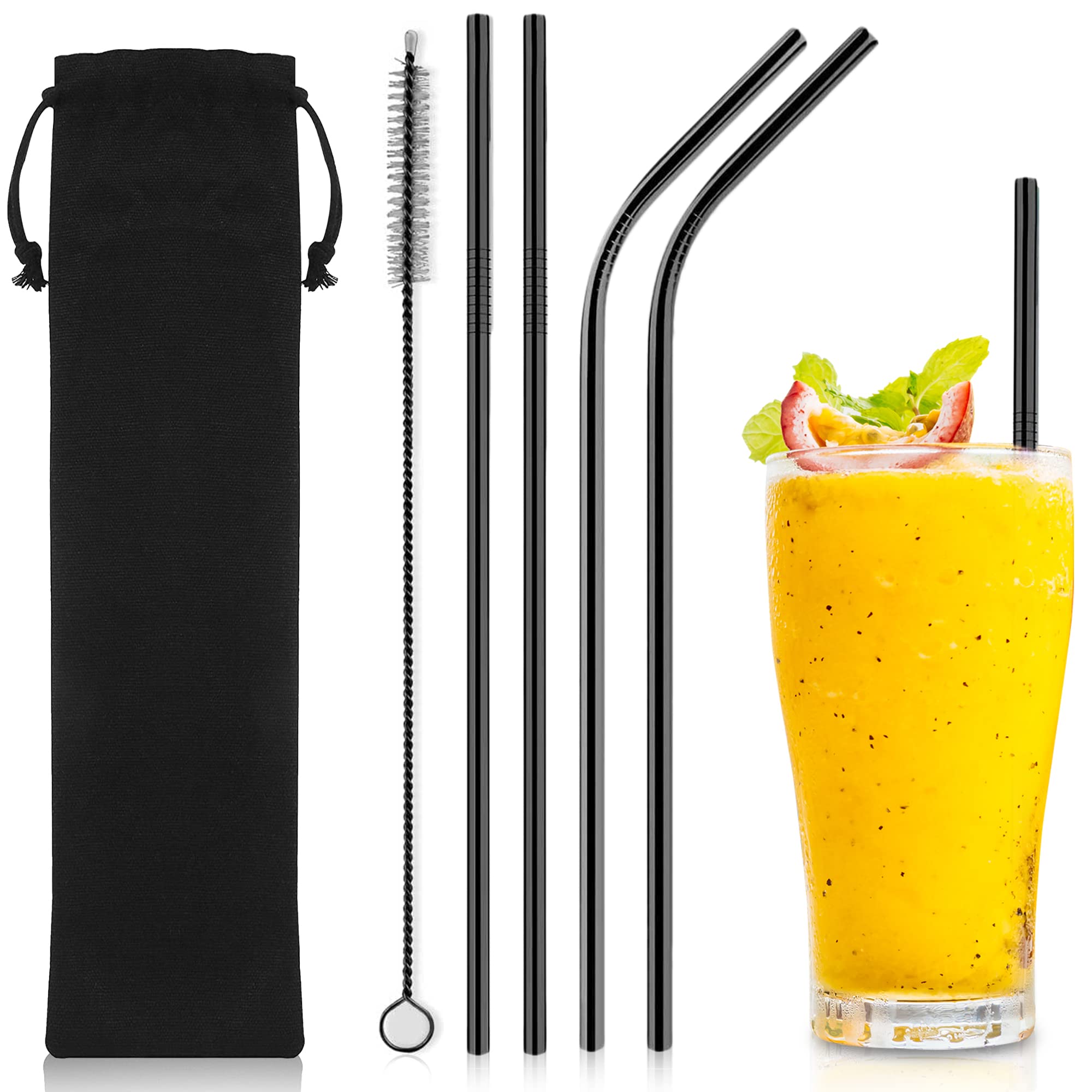 iShop Reusable Stainless Steel Straws Set of 4 Black – Metal Drinking Straws with Cleaning Brush & Velvet Pouch – Dishwasher Safe, BPA-Free, Perfect for Smoothies, Iced Coffee, Juice & Cocktails