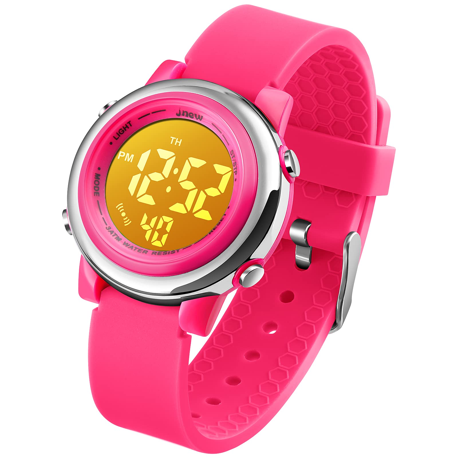 VenSten Girls Digital Sport Watch, Kids Waterproof Outdoor Electrical Watches 7 Color LED Luminescent Youth Children Wristwatches with Alarm and Stopwatch - Pink