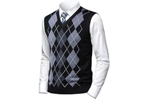Herothorn Mens Argyle Sweater Vests Classic V-Neck Sleeveless Pullover Grey Black Knitwear Nice Tank Tops for Dad Husband