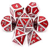 Haxtec Metal DND Dice Set, 7 Pcs Red Polyhedral Dice for Table Games | Silver Edge D&amp;D Dice with Leather Bag, Compatible with Dungeons and Dragons, Enamel Heavy Metallic, RPG Gifts