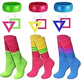 WILLBASIC 9Pcs 80s Accessories for Women, Neon Slouch Socks for Women with Neon Bracelet 80s 90s Earrings for 80's Outfit Glow Party Accessories