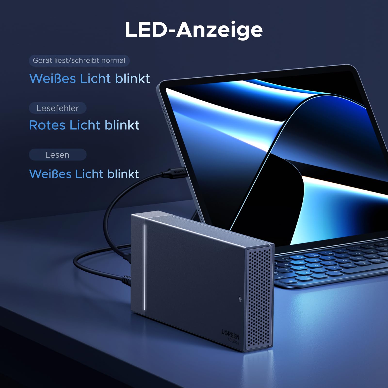 UGREEN 40Gbps Festplatten Dockingstation,USB4 Dual Bay NVMe Docking Station mit Kühllüfter, M.2 NVMe SSD Festplattengehäuse mit Offline-Klonen und Software-RAID-Konfigurationen unterstützt 9