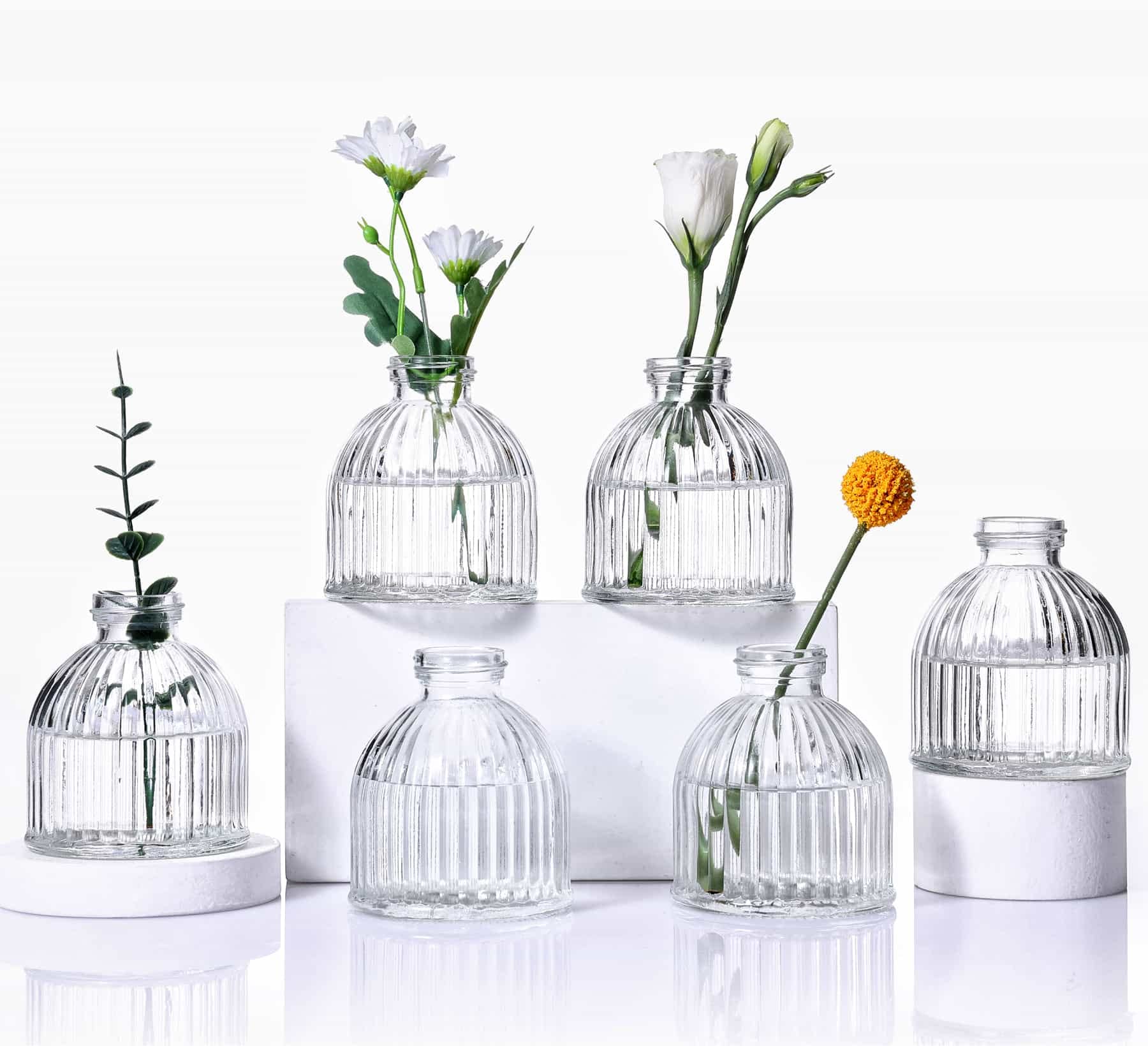 Eidoct Glass Bud Vases Set of 6, Small Bottles for Floral Arrangements, Rustic Decorative Vases for Centerpiece Home Living Room Office Decoration or Wedding Event (Clear)