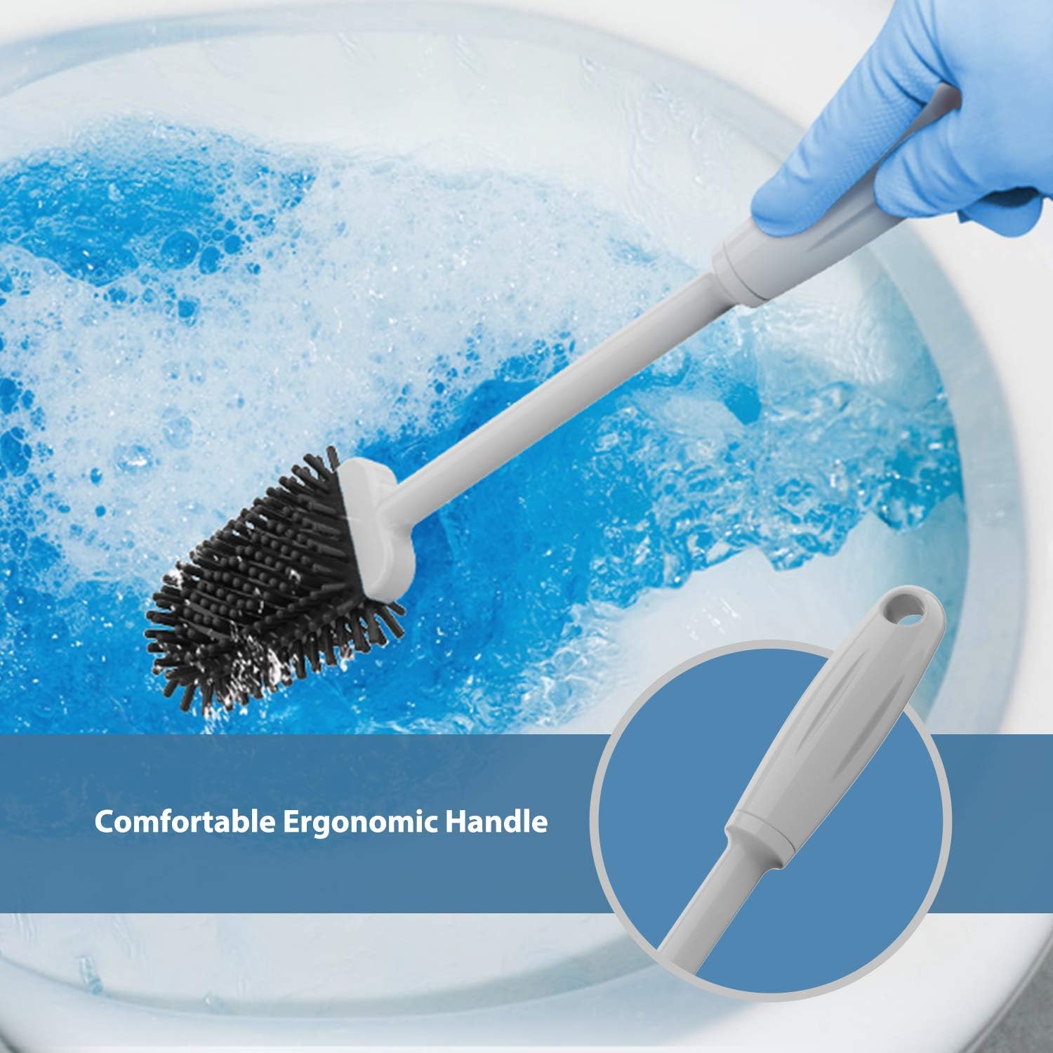 Holikme Silicone Toilet Brush and Holder Set for Bathroom, Deep-Cleaning Toilet Bowl Brush with Non-Slip Long Plastic Handle, Bendable Brush Head to Clean Toilet Corner Easily,Gray: Kitchen & Dining