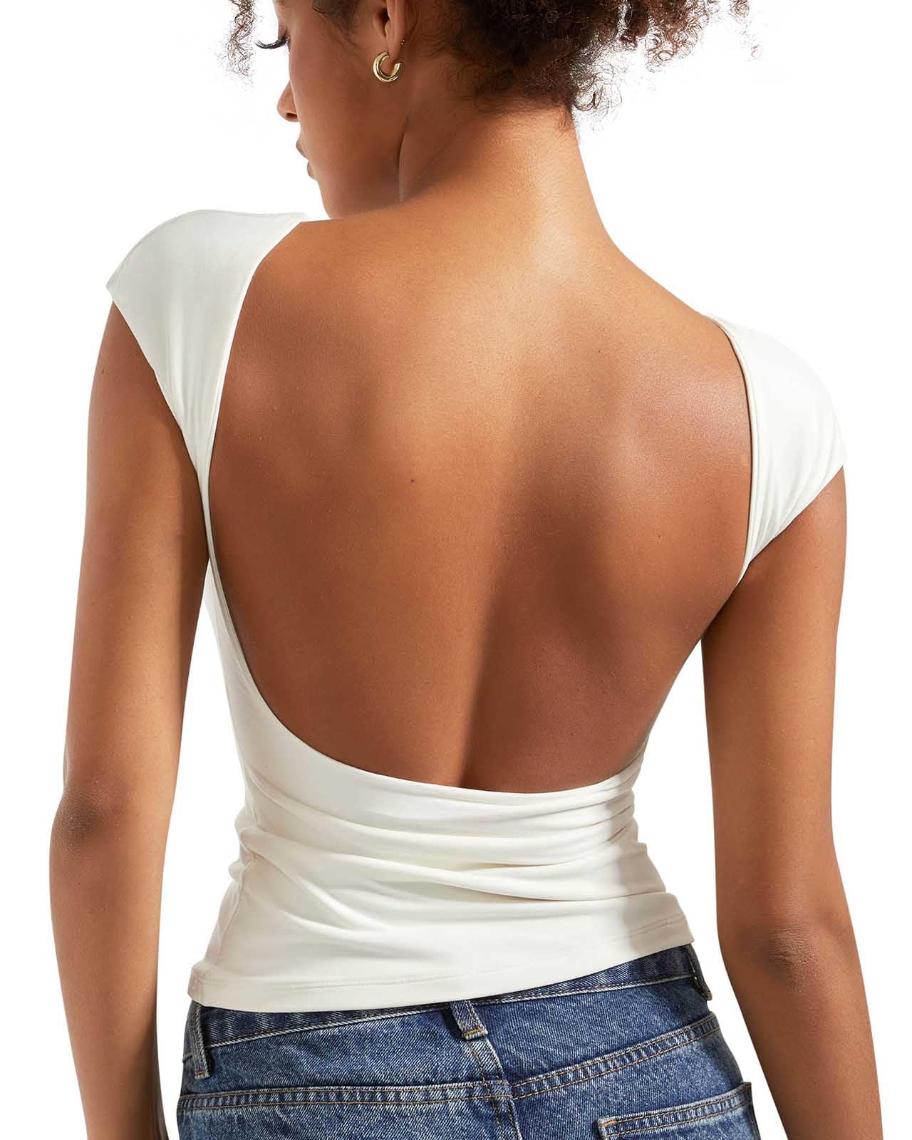 Photo 1 of SUUKSESS Women Backless Sexy Going Out Crop Tops Double Lined Open Back Y2k Basic Tee Shirts (Pearl, M)