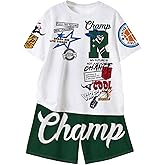 BEAUDRM Boy's 2 Piece Outfits Graphic Crewneck Short Sleeve T shirt and Track Shorts Summer Clothing Sets