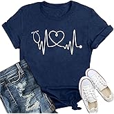 IFQ Nurse Shirts for Women Nurse Day T-Shirt Nursing Stethoscope Heart Tshirt Heartbeat Tee