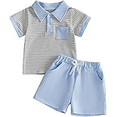Molgkyo Toddler Boy Summer Clothes Striped Short Sleeve Button Shirt Tops Solid Shorts Set 2Pcs Casual Outfit with Pockets