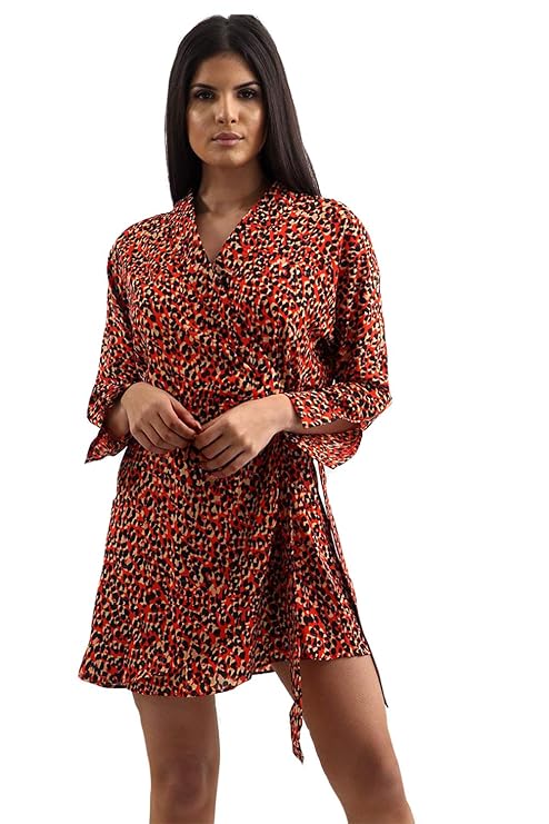 Red Leopard Print Frill Detailing Wrap Dress Appearance Casual Onepiece orange