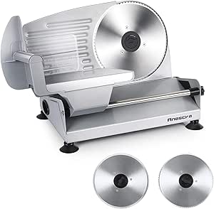 Meat Slicer, Anescra 200W Electric Deli Food Slicer with Two Removable 7.5’’ Stainless Steel Blades and Food Carriage, Child Lock Protection, 0-15mm Adjustable Thickness Food Slicer Machine- Silver