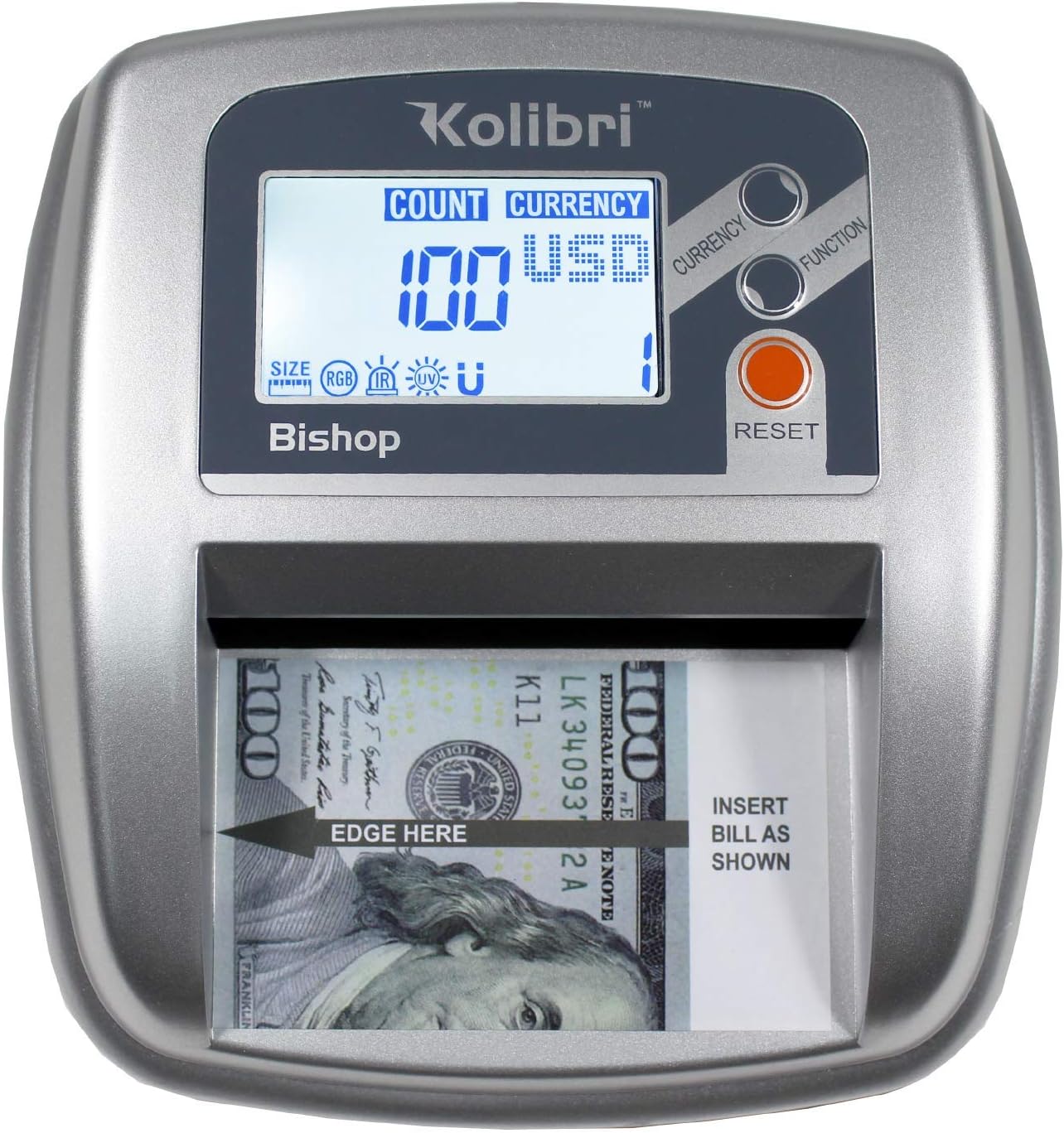 Kolibri Bishop Fake Currency Detector with 5 Advanced Counterfeit Detection Capabilities: UV, Magnetic, IR, Size and RGB. Large LCD Screen, Easy to Use, Compact and Lightweight : Office Products