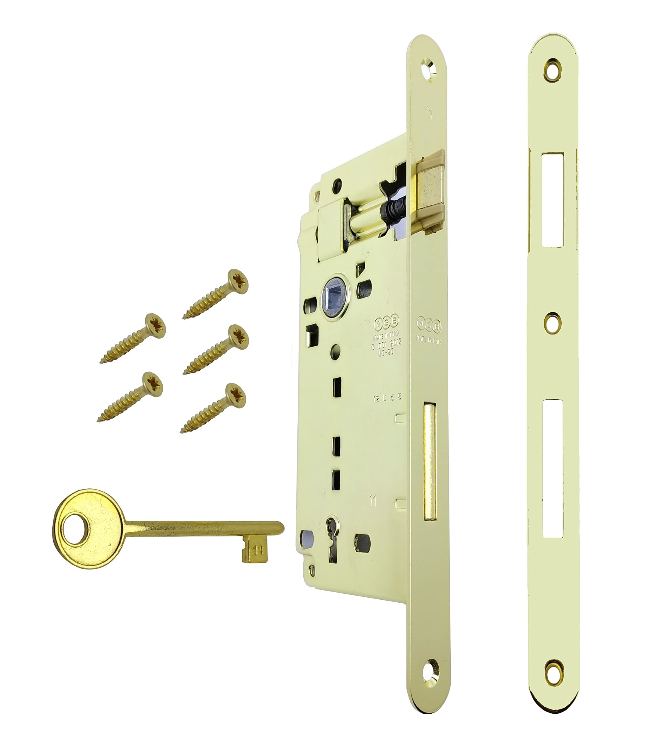 Lock for Internal Door Recessed AGB Series Patent Grande. Entrance 50, Wheelbase 90. (Front 18 x 238, Latch - Chain - Wrench, Polished Brass)