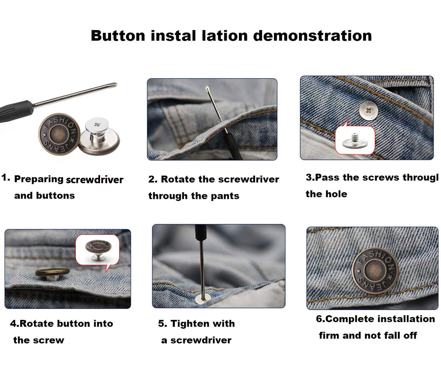 GIYOMI 20mm No Sewing Jeans Buttons Replacement Kit with Metal Base,12 Sets Nailess Removable Metal Buttons Replacement Repair Combo Thread Rivets and Screwdrivers (0.79 inch)