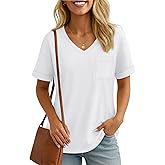 YUCOLEN Trendy T Shirts for Women Short Sleeve V Neck Casual Tops with Pocket Dressy Cotton Tee Summer Clothes 2026