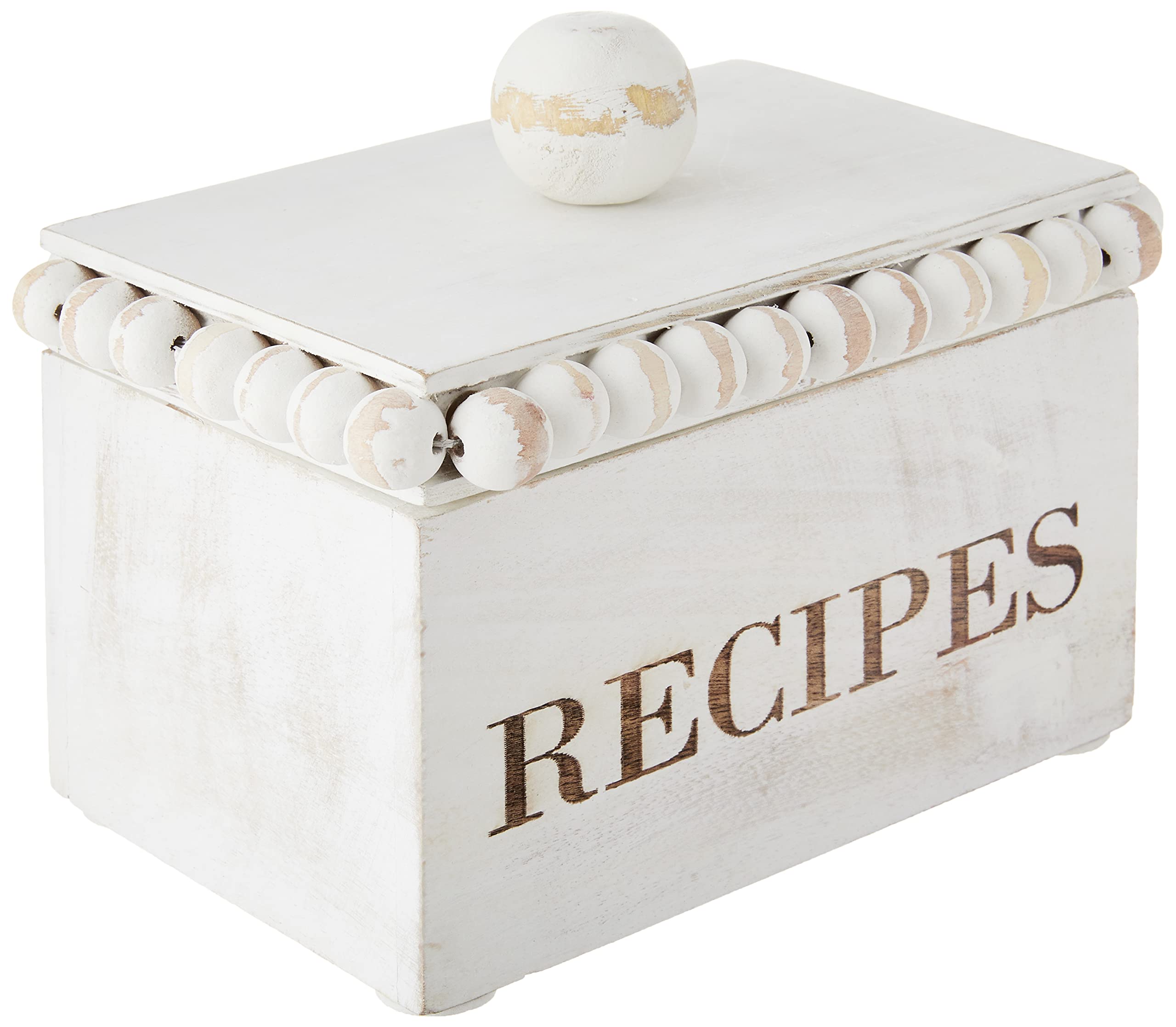 Mud Pie 40500002 White Beaded Recipe Box, Mango Wood