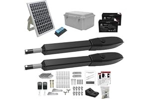 JUJIANG Solar Gate Opener with Batteries & Solar Panel for Dual Swing Gates Up to 770lb per Arm Automatic Gate Openers with Remote Complete Kit Medium Duty Electric Gate Opener Solar Powered PKM-C026