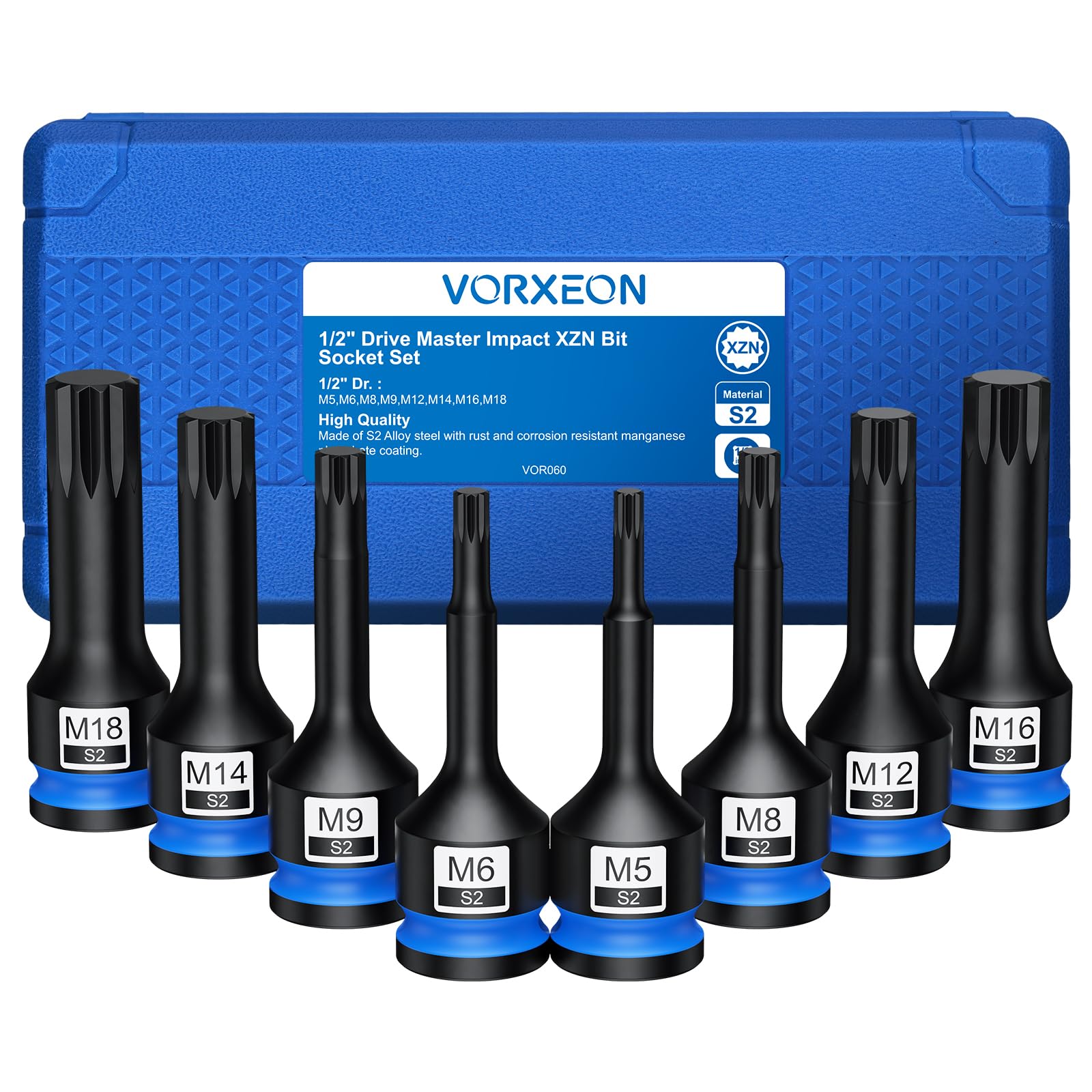 VORXEON 8pc 1/2in Drive Impact Spline Bit Socket Set en S2 Steel Drive Impact Triple Square Spline Bit Socket Set M5 M6 M7 M8 M9 M10 M12 M14 M16 M18 with Storage Case for Electric Pneumatic Wrenches
