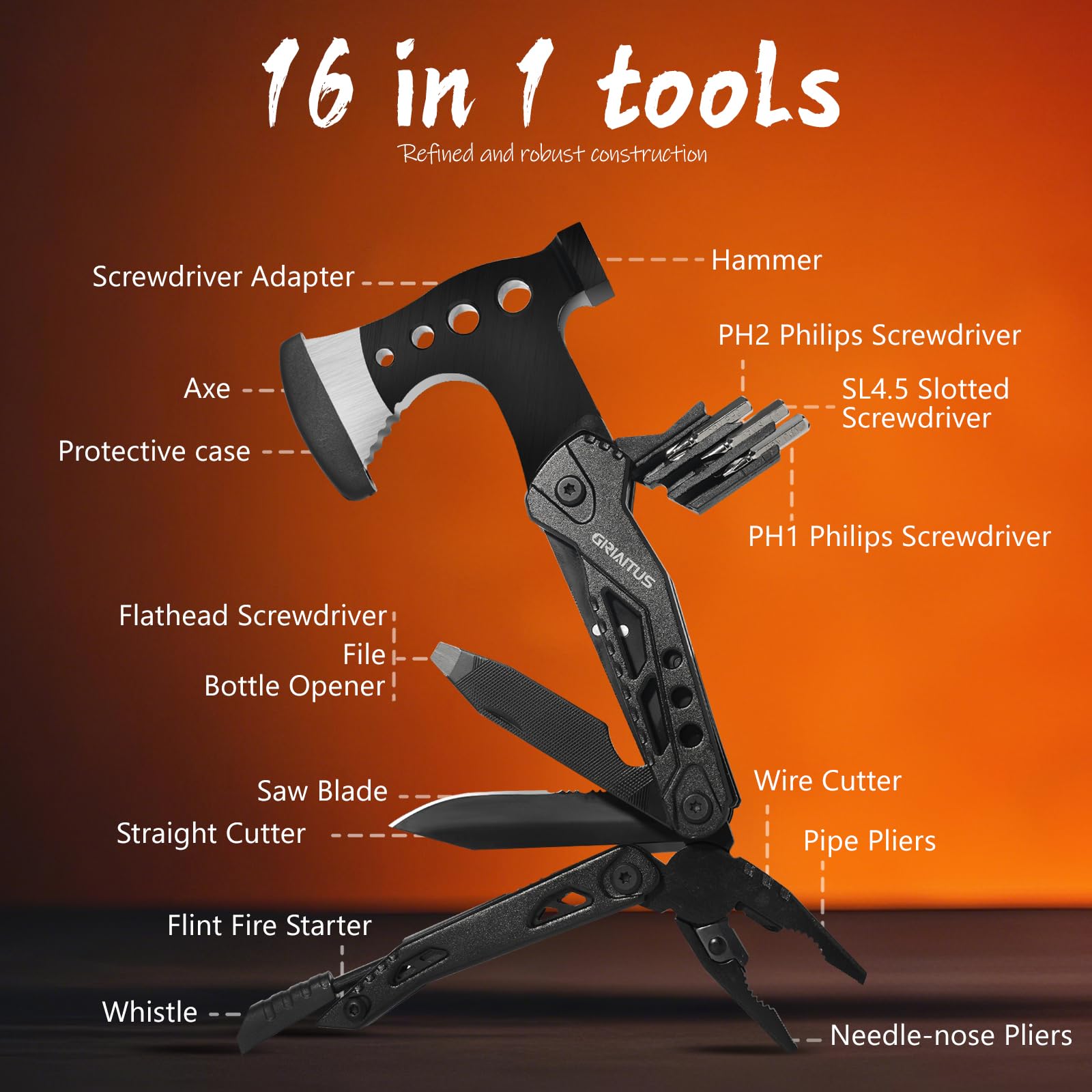 Camping Essentials Multi Tool Gifts for Men Dad 16in1 Multitool Survival Gear with Hammer Pliers Saw Screwdrivers Bottle Opener Whistle Christmas Stocking Fillers Gadgets for Outdoor, Hiking, Repair