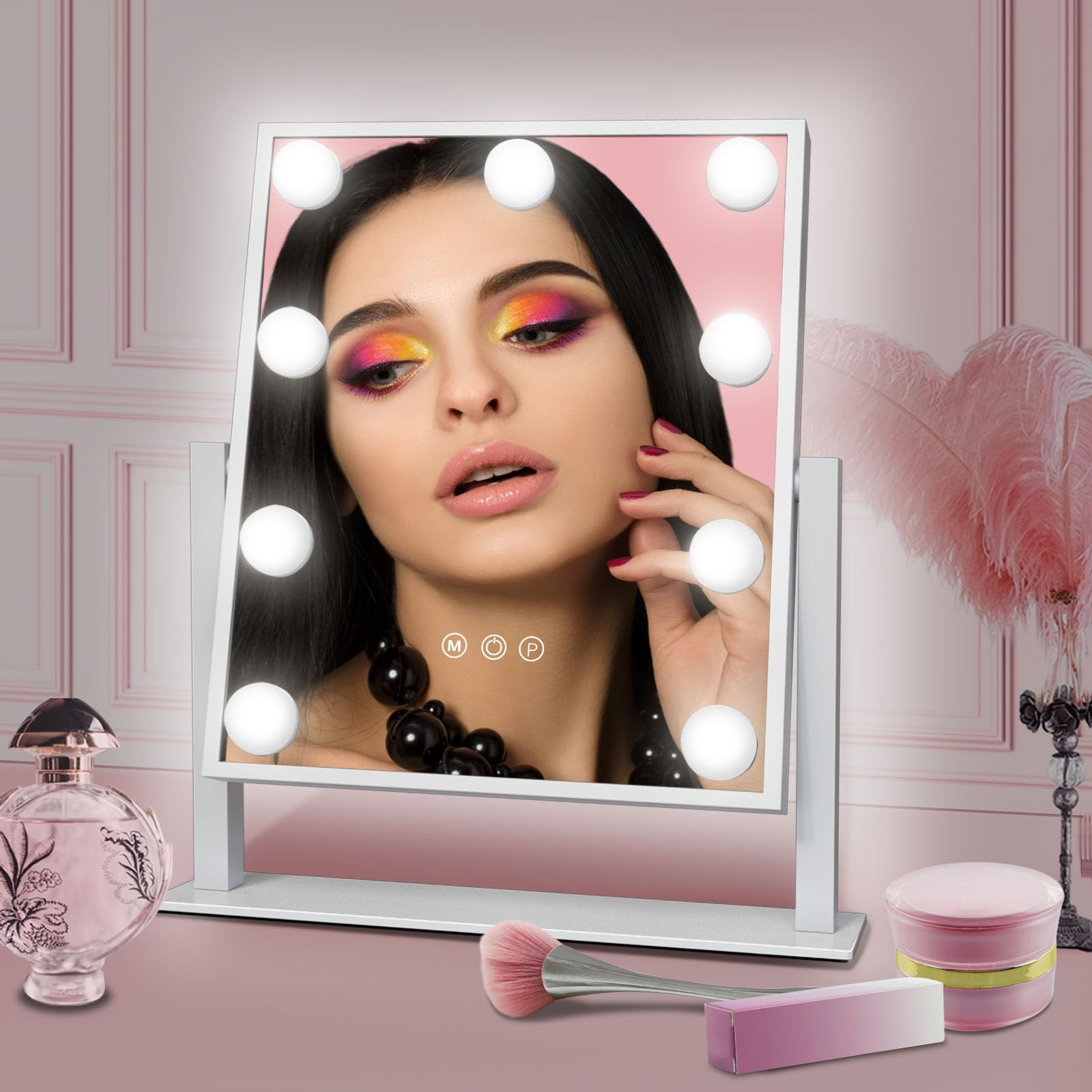 VoxZypher Hollywood Vanity Makeup Mirror with Lights - 9 LED Bulbs, Touch Control, 3 Colors Light, 360° Rotation, Light Up Vanity Mirror for Dressing Room & Bedroom