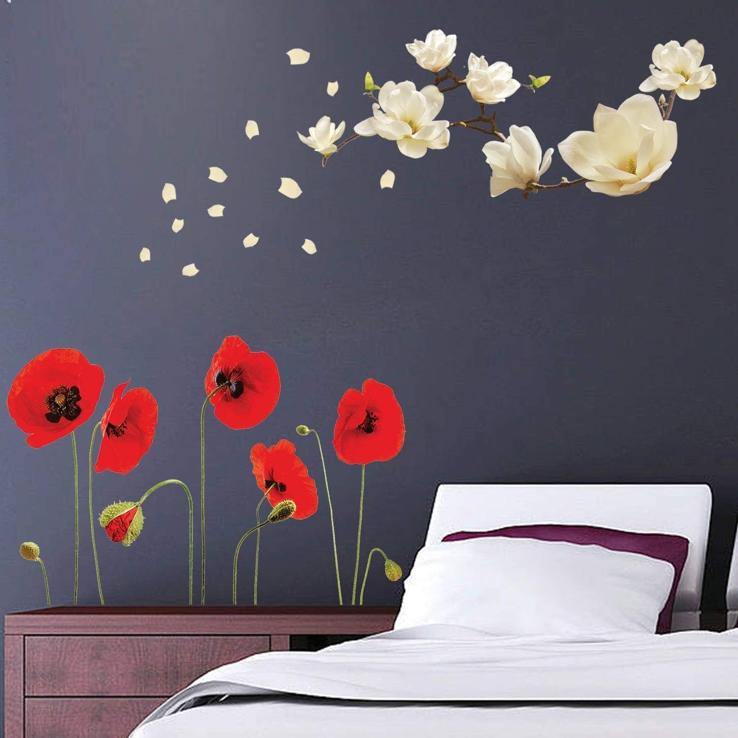 Walplus Removable Self-Adhesive Wall Stickers Small White Magnolia with Red Poppy Flowers Wall Mural Art Home Living Room Decoration Décor Restaurant Cafe Hotel Nursery Decoration - Image 3