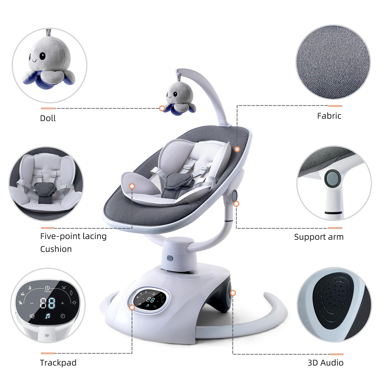 VaVaSoo Electric Baby Swing for Infants 6 Motion Automatic Newborn Baby Rockers for Girl & Boy with Remote Control, 5 Speed, 13 Melodies, Light Gray
