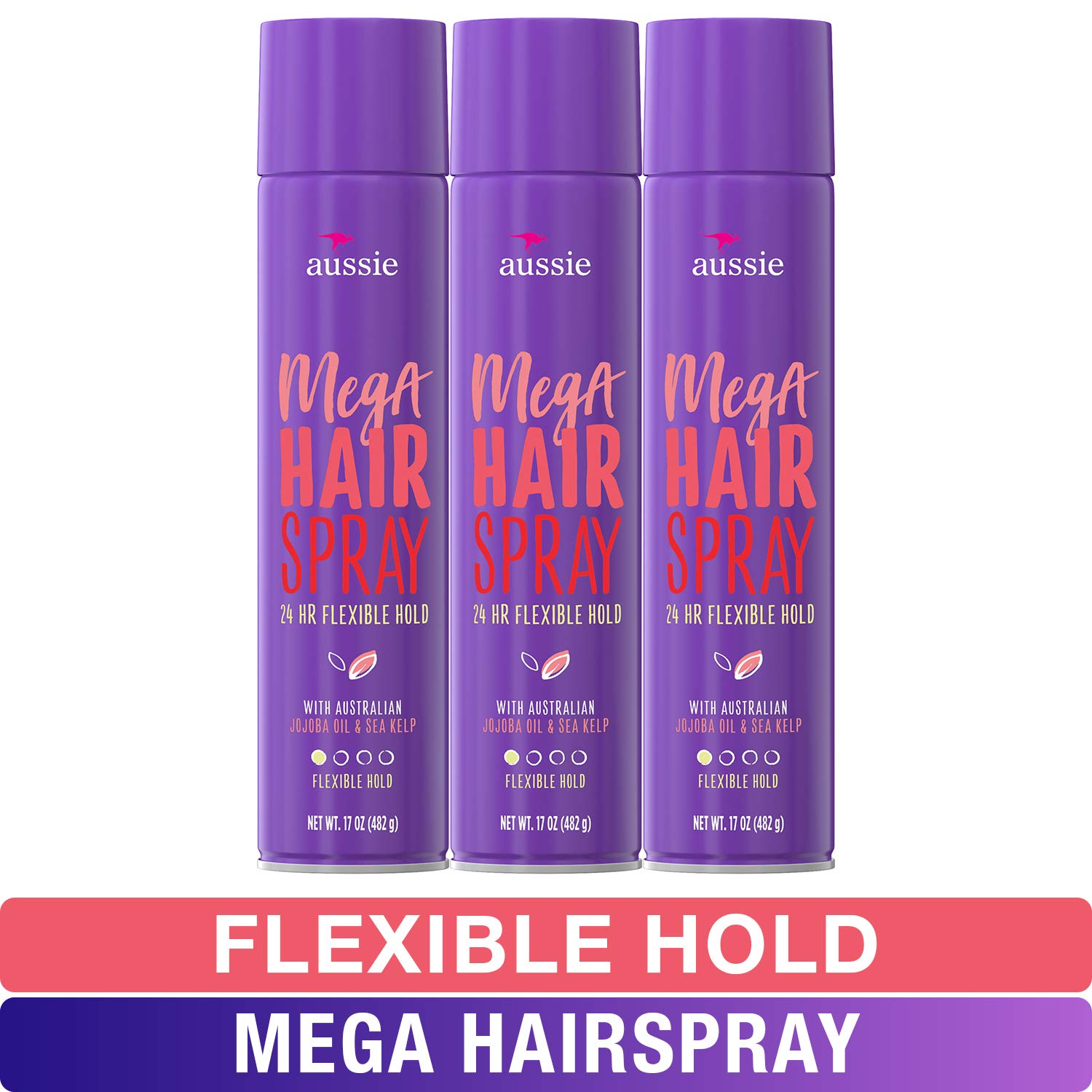 Aussie Mega Hairspray, with Jojoba Oil & Sea Kelp, Flexible Hold, 17 fl oz, Triple Pack : Beauty