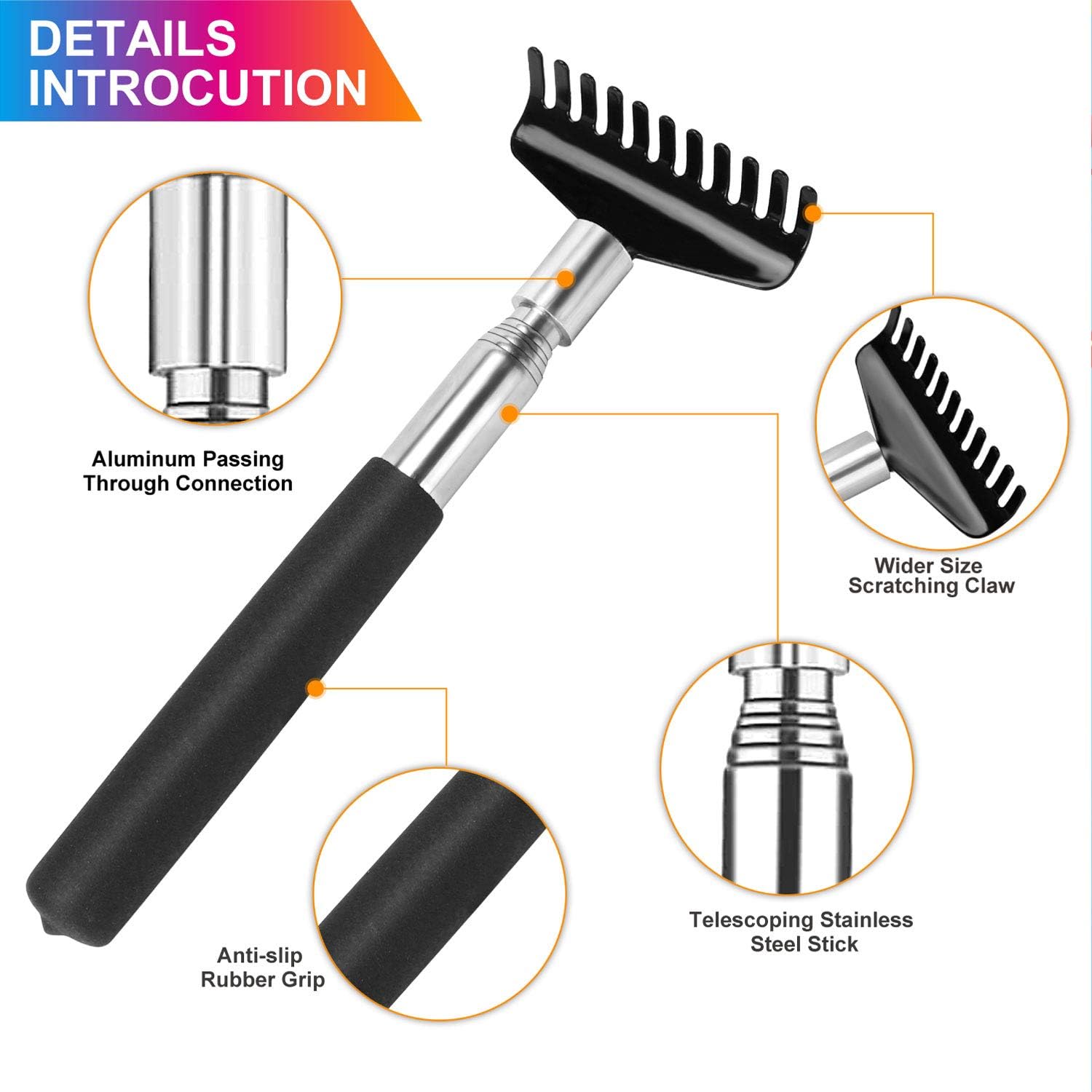 Oversized Portable Extendable Back Scratcher, Upgraded Metal Stainless Steel Telescoping Back Scratcher Tool with Canvas Carrying Bag (Black): Health & Personal Care