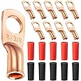 Maxdot 10 Pack UL Test Wire Lugs 8 Gauge Stud Ring Terminals Heavy Duty Copper Crimp Lugs Welding Cable Bare Copper Eyelet Lug with Heat Shrink Black, Red(8 AWG 3/8 Ring)