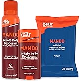 Mando Whole Body Three Piece System - 2.6oz Smooth Solid Stick, 3.6oz Deodorant Spray, 15ct Deodorant Wipes - Aluminum & Baking Soda Free Odor Control - Doctor Developed - 3pc Bundle (Bourbon Leather)