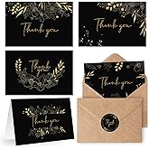 Oaken Leaford 48 Pack Pre-Folded Floral Thank You Cards with Envelopes & Stickers, 6 Elegant Designs for Wedding, Baby Shower, Bridal Shower, Teacher Gifts (Black Gold)