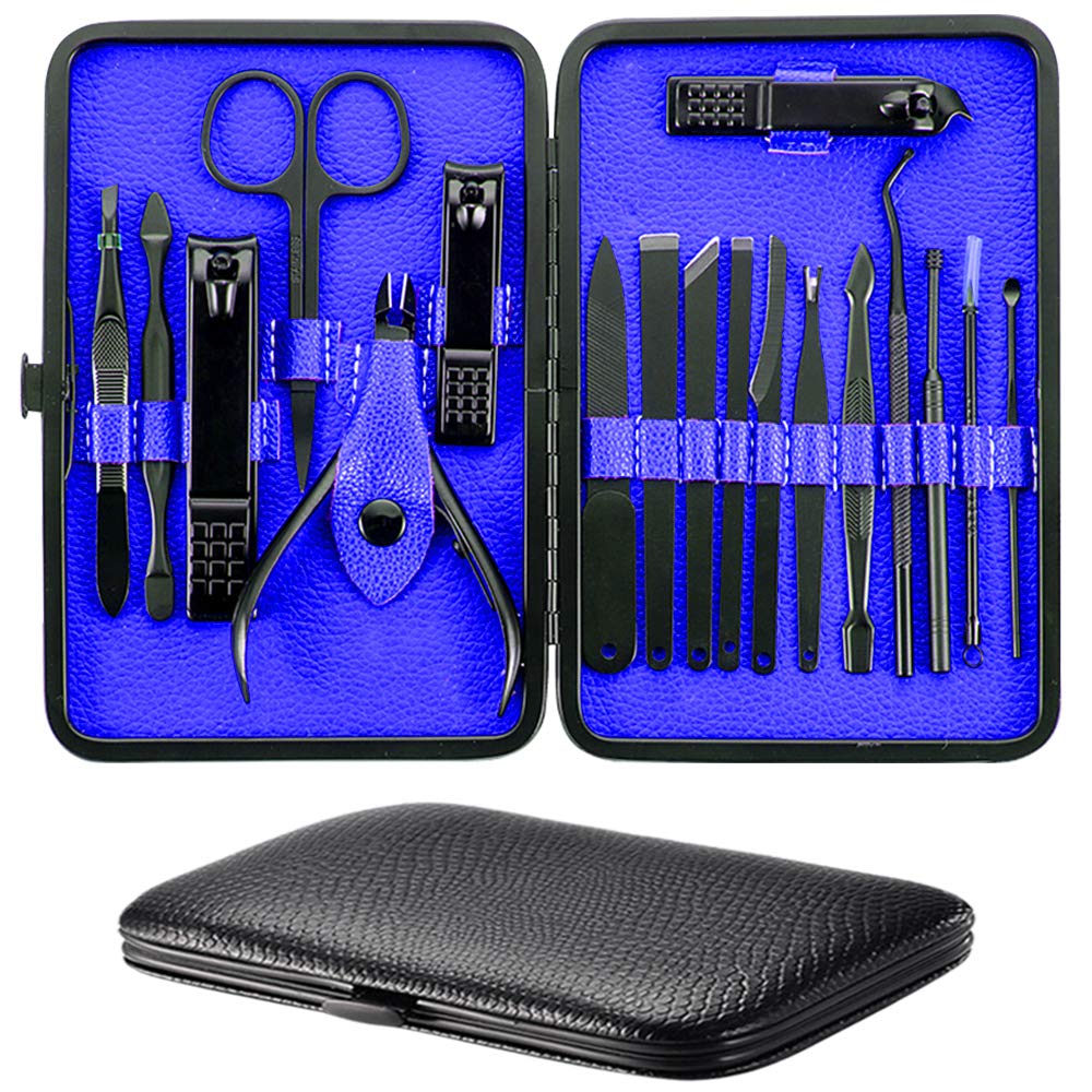 Manicure Set, Bihuo 18 In 1 Stainless Steel Professional Pedicure Kit Nail Scissors Grooming Kit with Black Leather Travel Case (Blue) : Beauty
