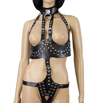 Damen Bondage Bikini, Trikini Riemen-Body aus Push-Up Open-Cup BH Oberteil mit Halsband-Neckholder, ouvert Strings Tanga, Led