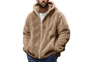 Mens Fuzzy Sherpa Jacket - Fluffy Fleece Full Zip Hooded Coat Winter Warm Plush Long Sleeve Thermal Thicken Flurry Outerwear