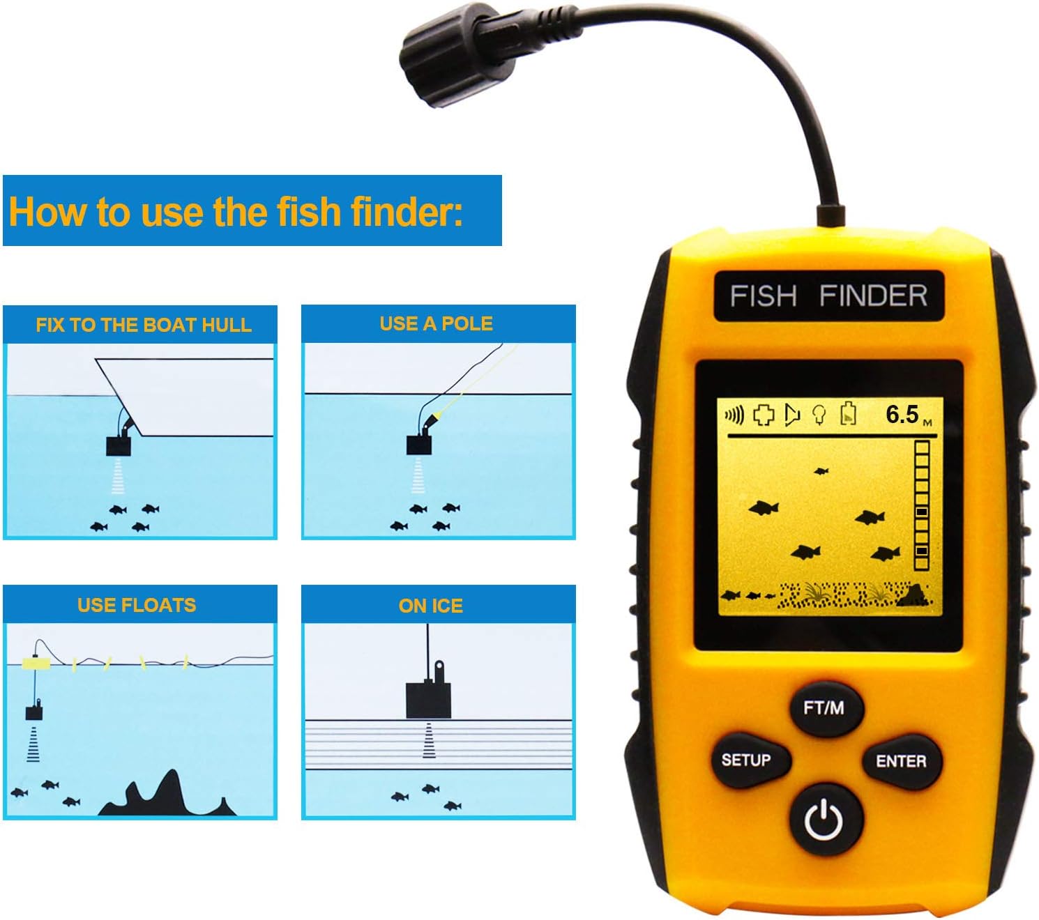 Handheld Fish Finder Portable Fishing Kayak Fishfinder Fish Depth Finder Fishing Gear with Sonar Transducer and LCD Display: Sports & Outdoors