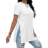 Remidoo Side Slit Tees for Women Tunic Tops Crewneck Long T Shirt Loose Fit Short Sleeve Tee