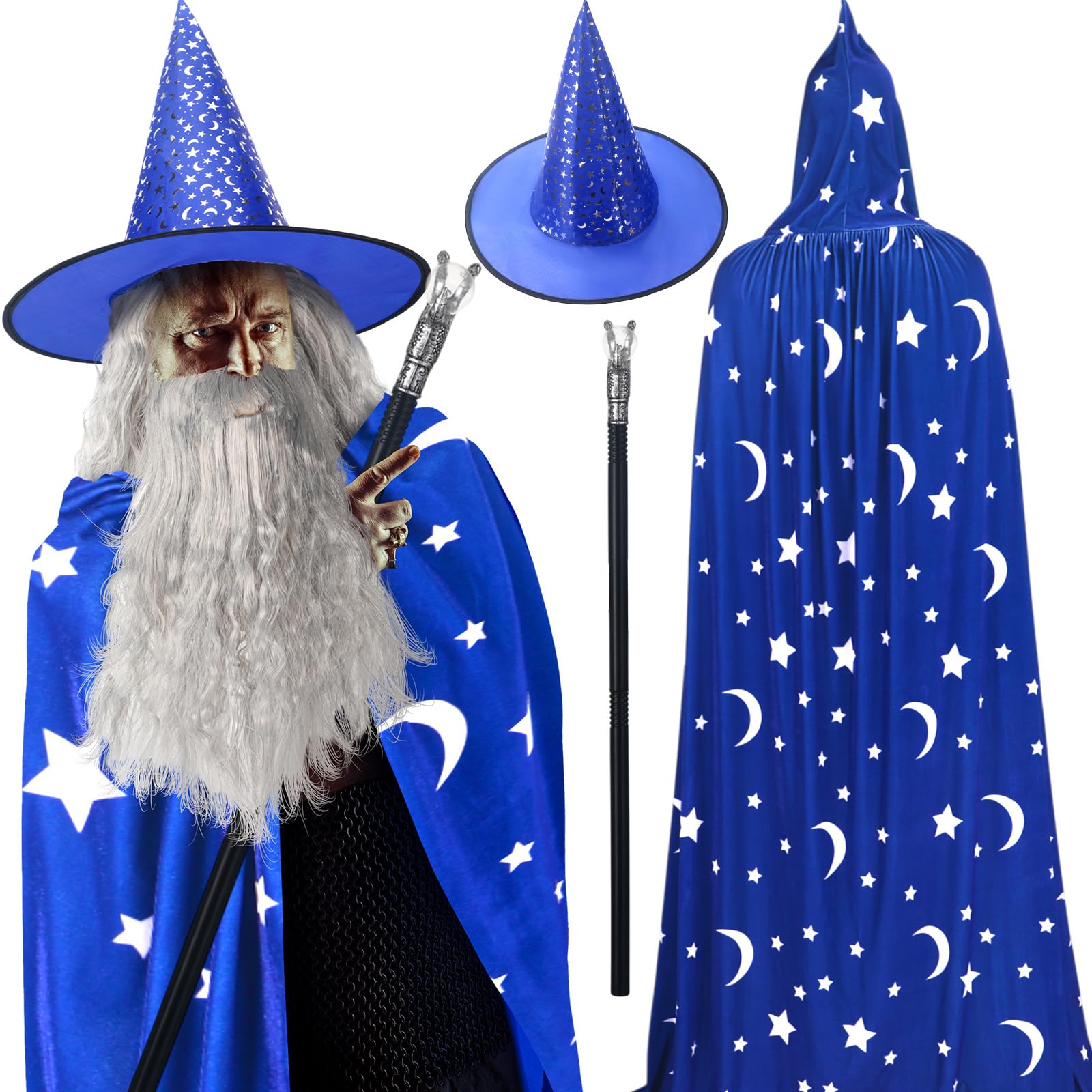 Photo 1 of Hicarer 4 Pcs Halloween Wizard Costume Set Include Wizard Hat Cloak Wig Beard Wand Costume Accessories for Adults(Blue,Stars and Moon)
