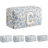 WHHJM Alphabet Makeup Bag Cosmetic Bag for Women, Christmas Gifts for Girls Age 11-18, Personalized Floral Coquette Travel Bag, Trendy Stuff Zipper Make Up Pouch Organizer Bag (Blue Floral C)