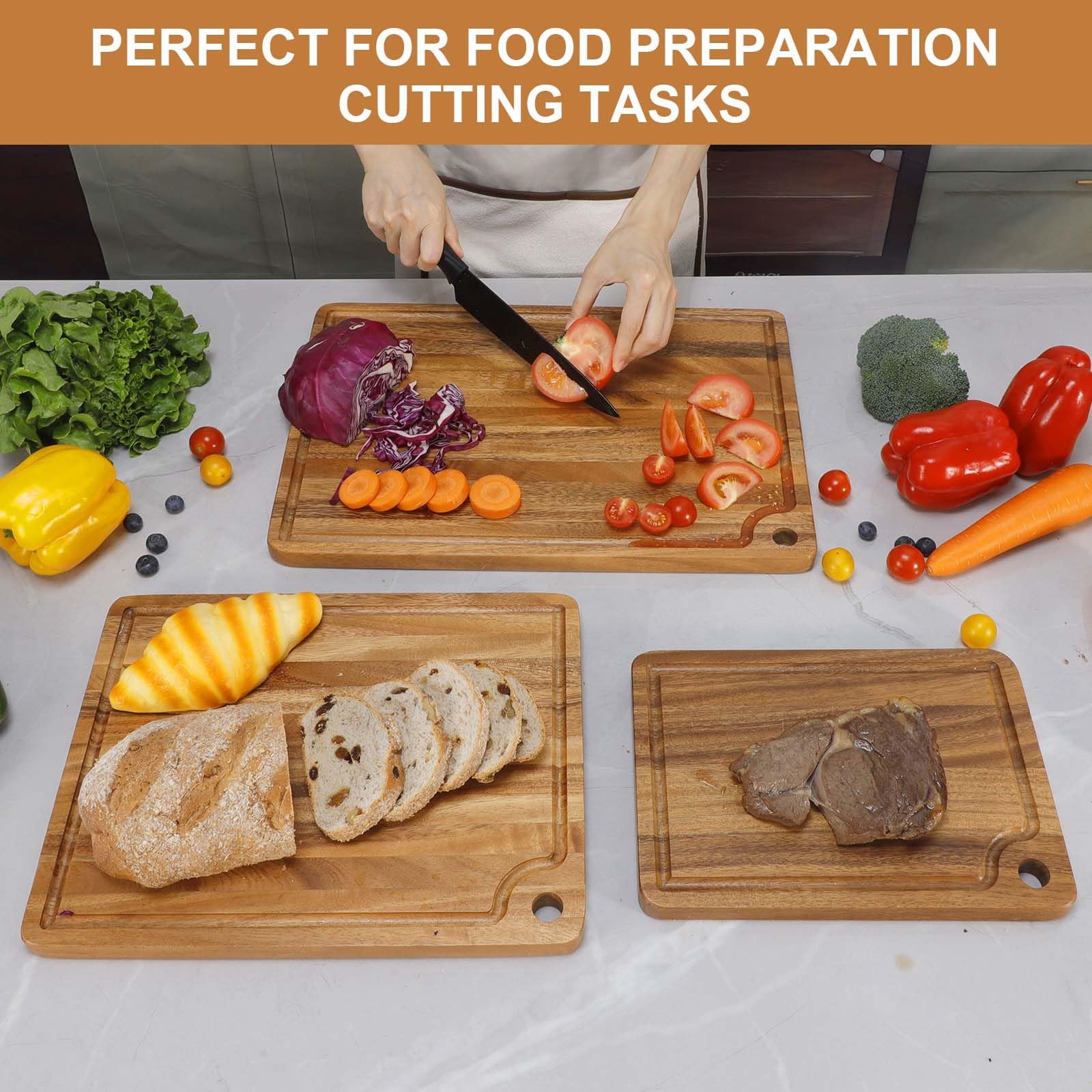 Acacia Wood Cutting Boards Set for Kitchen, Caperci Large Wooden Cutting Chopping Boards Set of 3 with Deep Juice Groove and Handle Hole for Meat, Veggies and Fruit (17x12, 14x11, 11x8 inch)