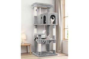 Globlazer Cat Tree Tower with Scratching Post for Indoor Cats, 53inch Tall Plush Multi-Level Cat Climbing Tower Condo House with Large Hammock, Spacious Cat Cave, Padded Top Perch Bed, F53, Light Gray