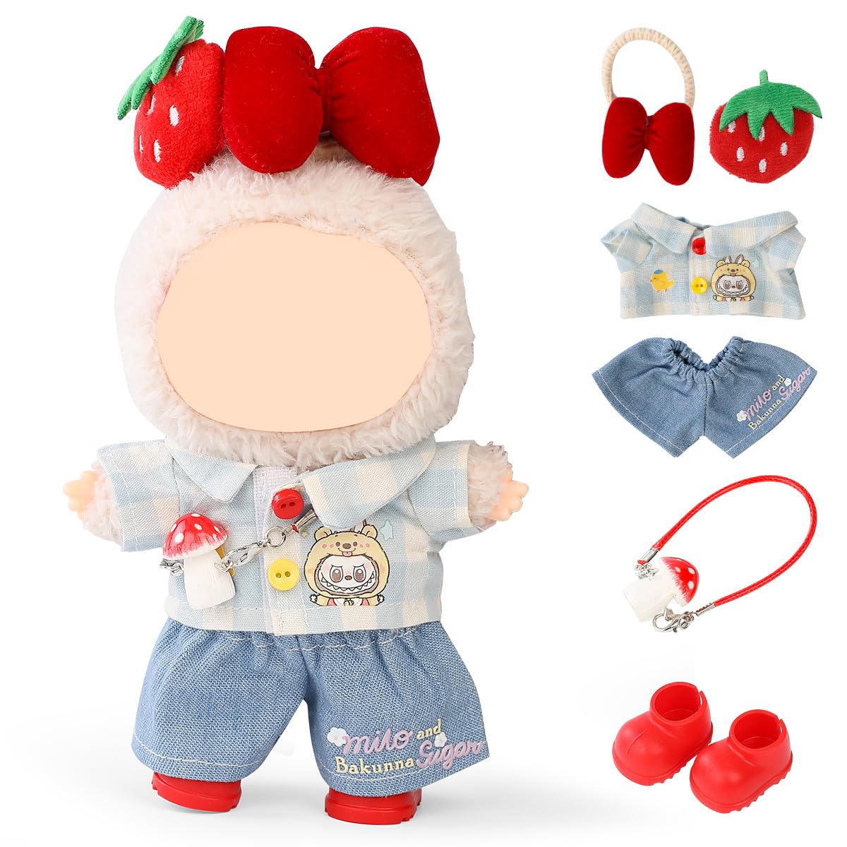 LEWOTE Clothes Set Compatible for Labubu Doll, Hat Suit Ornaments Accessories Set for 17cm/6.7inch Doll (Strawberry Set)