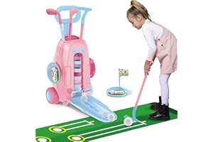auvnei Toddler Golf Clubs - Upgraded Kids Golf Clubs with 5 Balls, 3 Golf Sticks, 2 Practice Holes and a Putting Mat - Indoor and Outdoor Golf Toys for Boys and Girl Aged 3-12 Years Old(Pink)