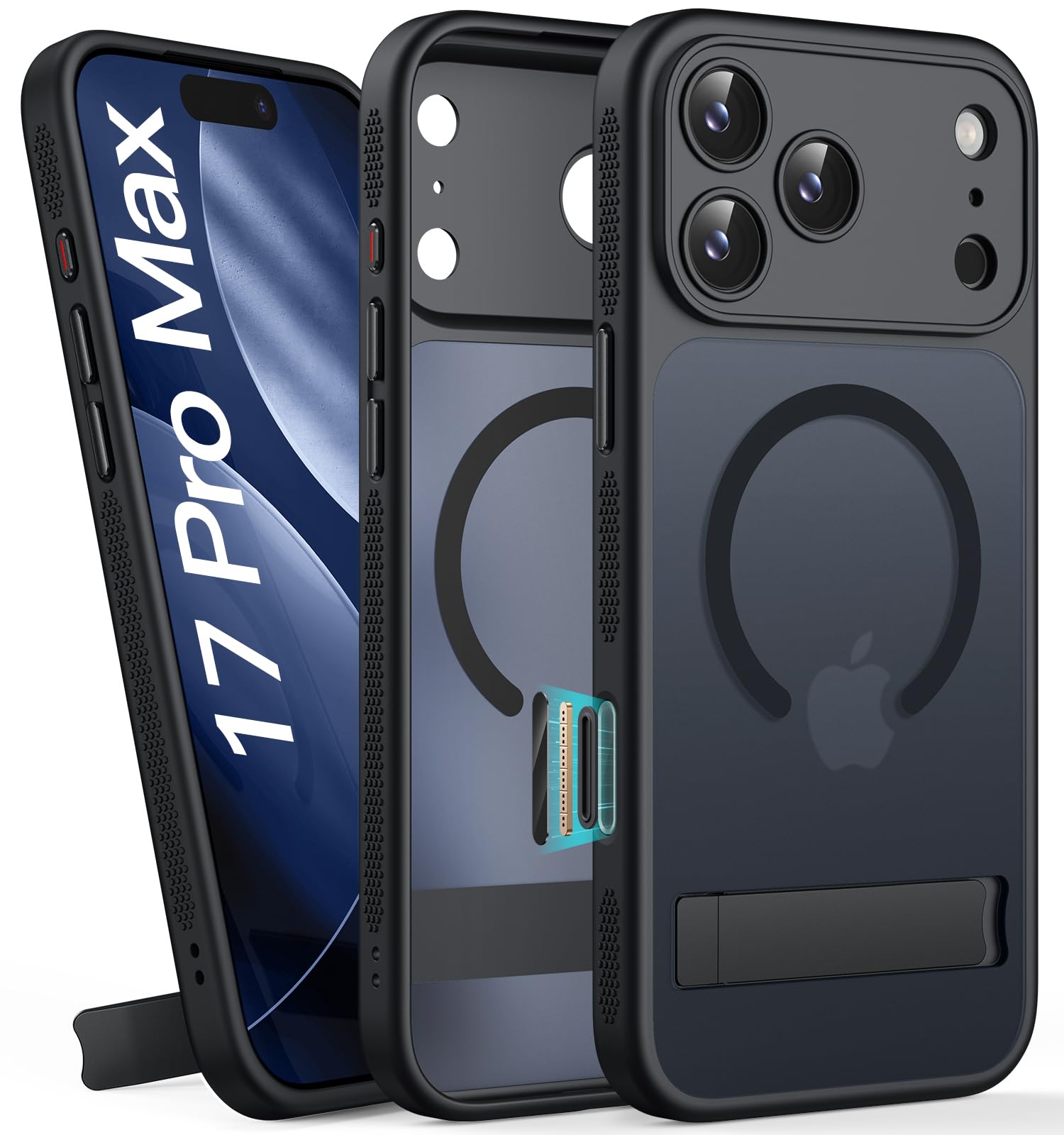 BXYJY for iPhone 17 Pro Max Case with Stand, Magnetic Compatible with MagSafe, Camera Control Button, Full Lens Protection, Rugged Military Grade Drop, Translucent Matte Slim Case for 17 Promax, Black
