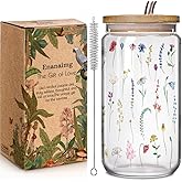 Wildflower Coffee Cup Floral Iced 16oz Glass Cups with Bamboo Lids and Straws Gift for Women Cute Flower Drinking Glass with Cleaning Brushes, Flower Gifts for Mother 's Day Birthday Bridesmaid Party