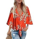 Bluetime Womens Summer Tops Boho 3/4 Sleeve V Neck Tie Front Shirts Casual Floral Blouses