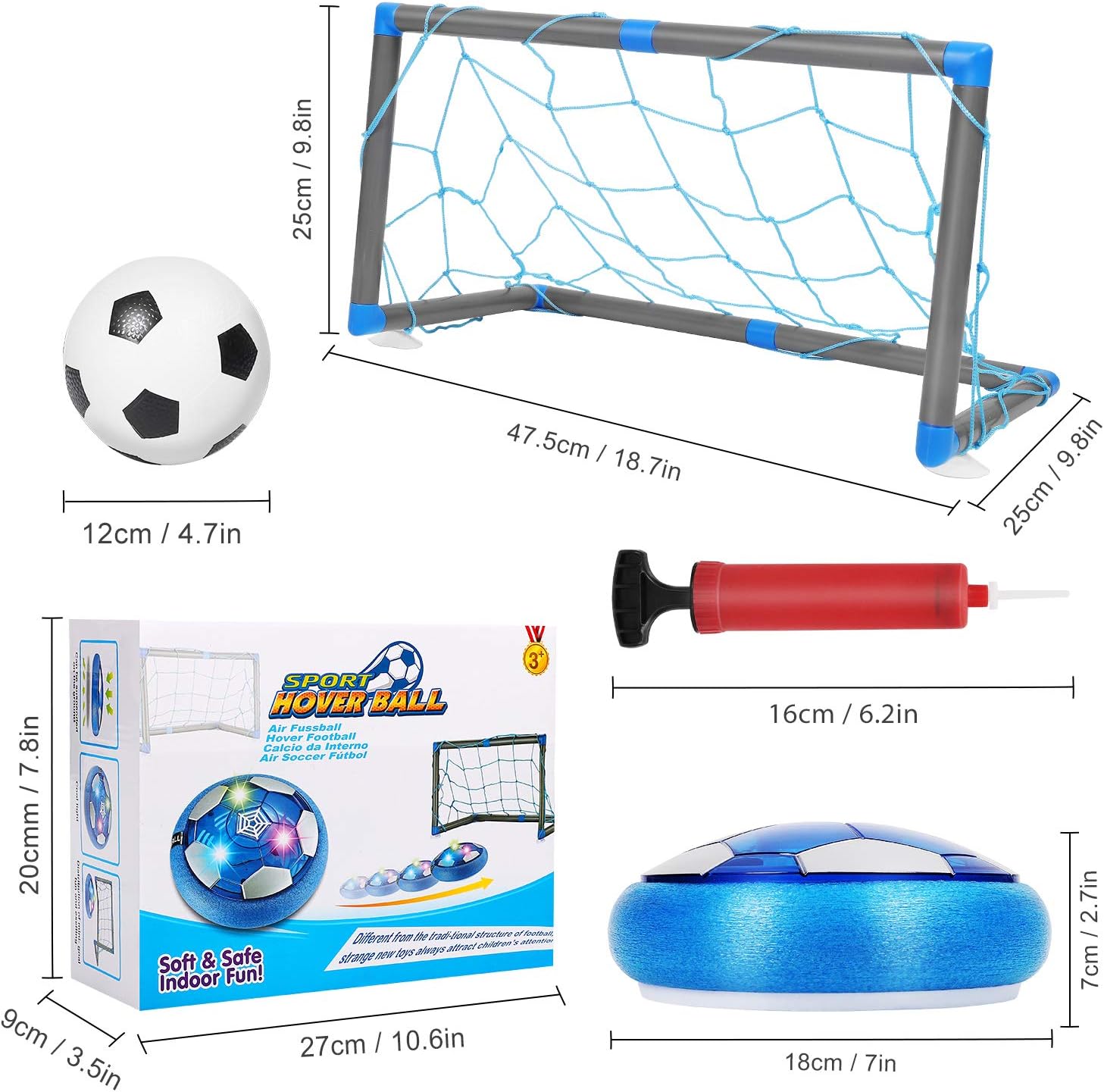 Auney Kids Hover Soccer Toy Ball Set with 2 Goals, Rechargeable Air Soccer with LED Light and Foam Bumper Included Inflatable Ball, Indoor Training Football Game for Boys Girls: Toys & Games