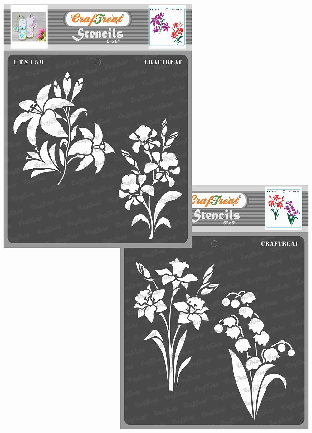 CrafTreat Reusable Flower Stencils for Painting on Wood, Canvas, Paper, Fabric, Floor, Wall and Tile - Lily and Iris and Daffodil and Bell Flower - 2 Pcs - 6x6 Inch Each - DIY Art and Craft Stencils