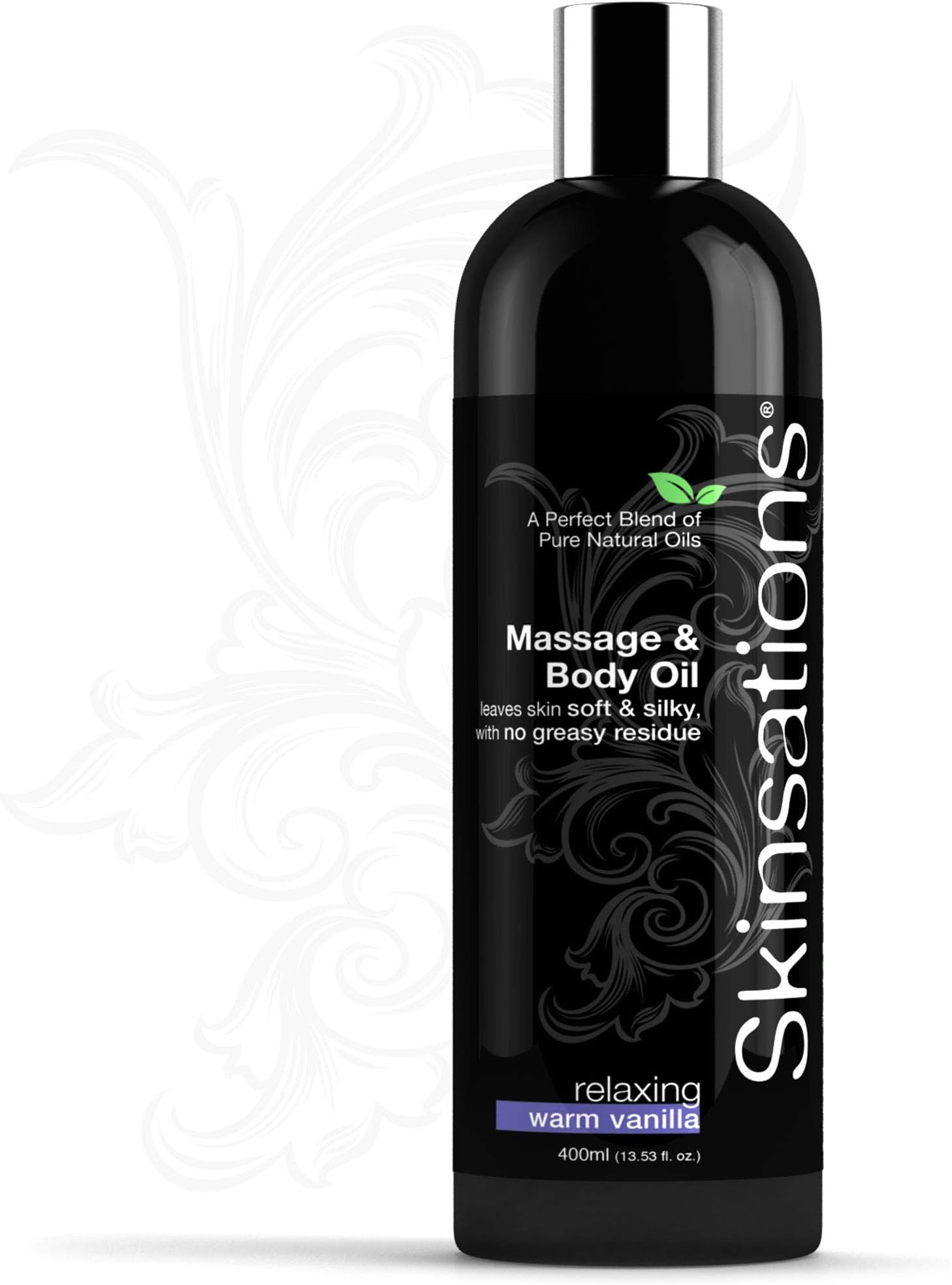 Skinsations - Vanilla Massage & Body Oil - LG | Lightweight & Silky Soft Blend of Edible Sweet Almond, Fractionated Coconut, Grapeseed & Jojoba Oils with Natural Vanilla Flavor for Him and Her