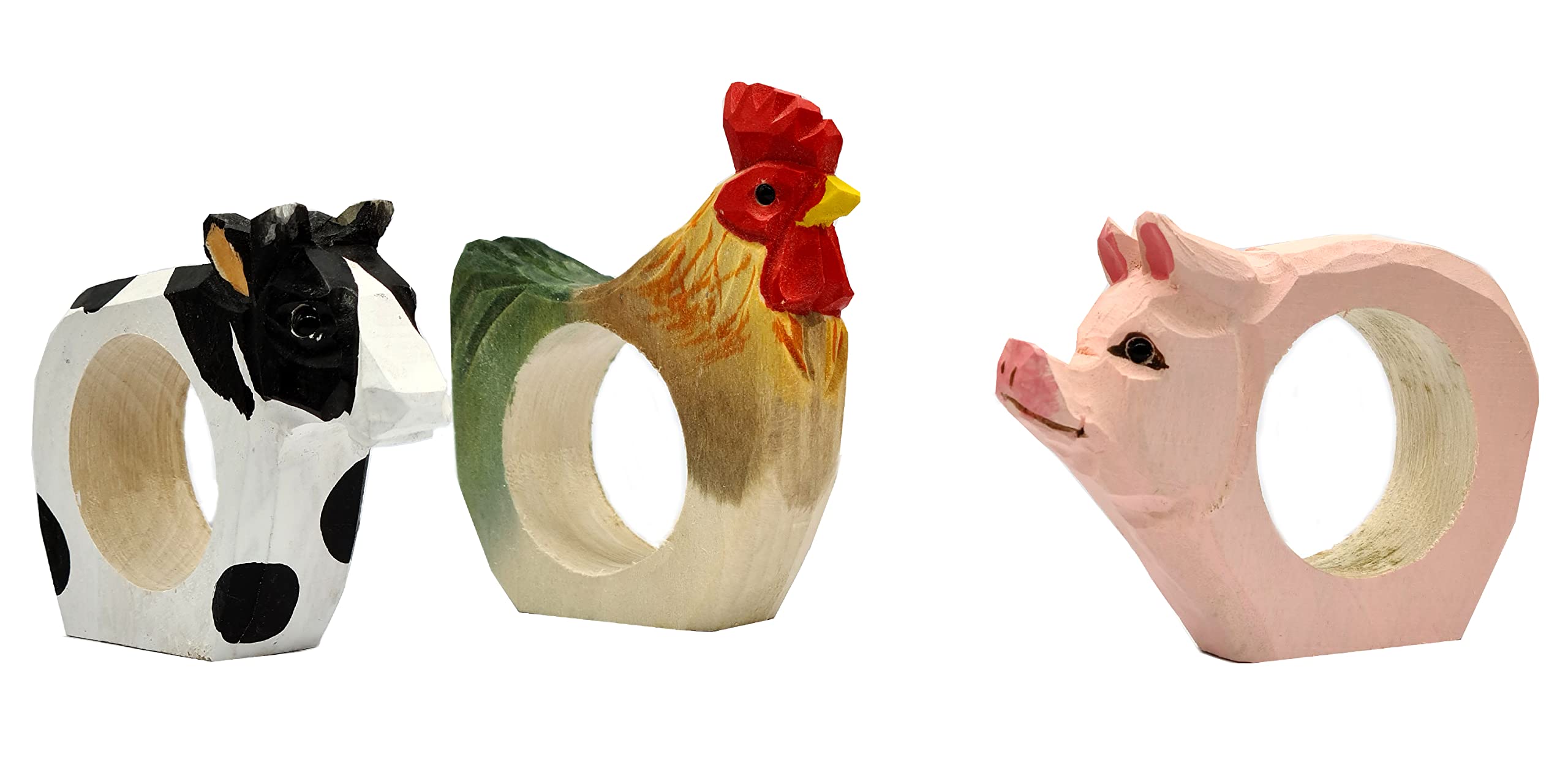 your castle Napkin Rings, Hand Carved, Animal Design - Cow, Cockerel, Pig, Set of 3, Made of Wood, Handpainted, Versatile, with Stable Base, 9 x 7 x 2 cm